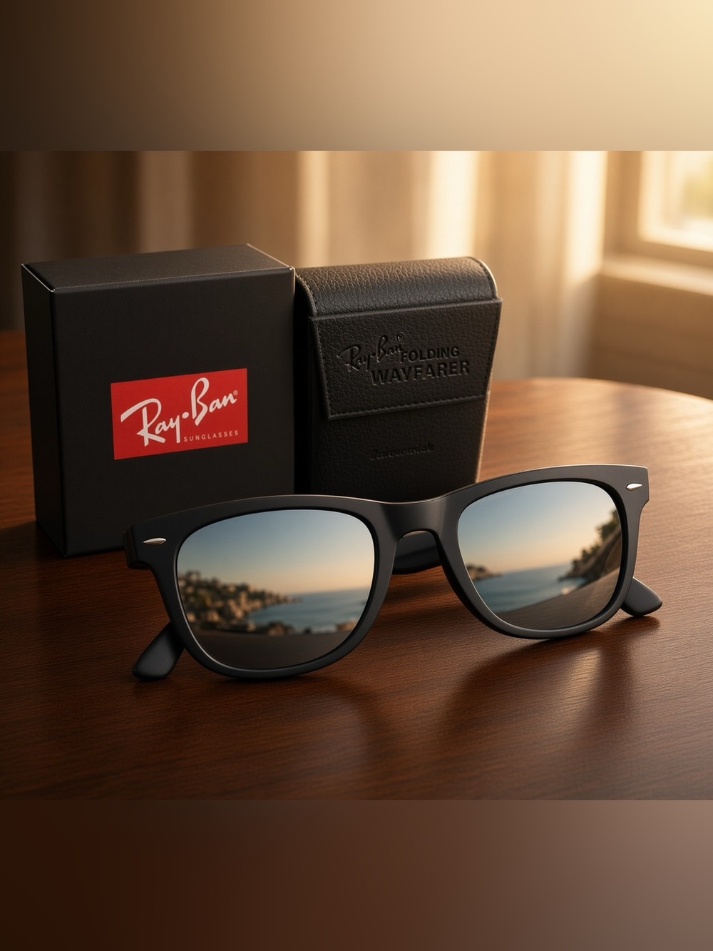 NWT Ray-Ban Folding Wayfarer RB4105 Black Silver Mirror 50mm